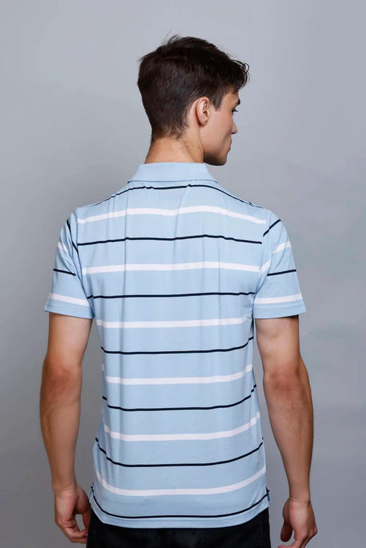 Sky Striped Half Sleeve Polo T-Shirt for Men With Pocket