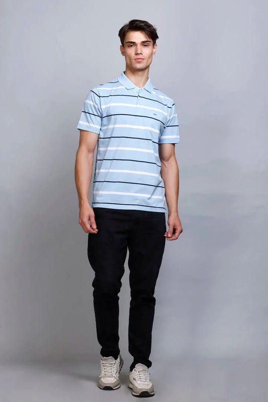 Sky Striped Half Sleeve Polo T-Shirt for Men With Pocket