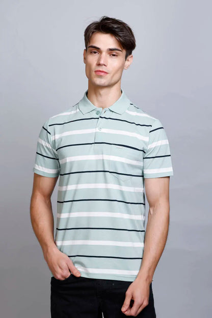 Ocean Green Striped Half Sleeve Polo T-Shirt for Men With Pocket