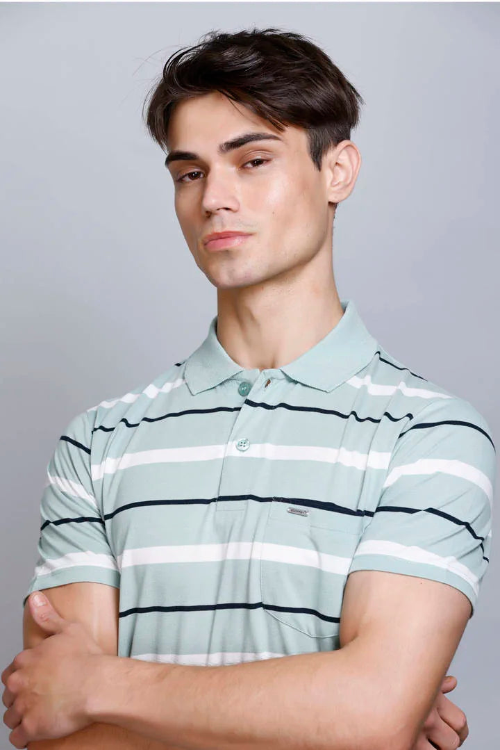 Ocean Green Striped Half Sleeve Polo T-Shirt for Men With Pocket