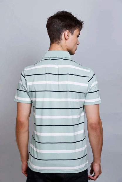 Ocean Green Striped Half Sleeve Polo T-Shirt for Men With Pocket