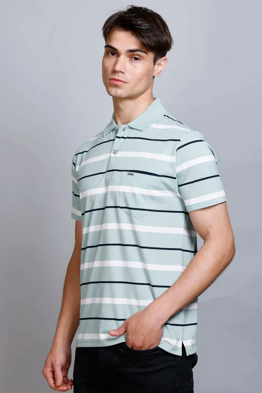 Ocean Green Striped Half Sleeve Polo T-Shirt for Men With Pocket