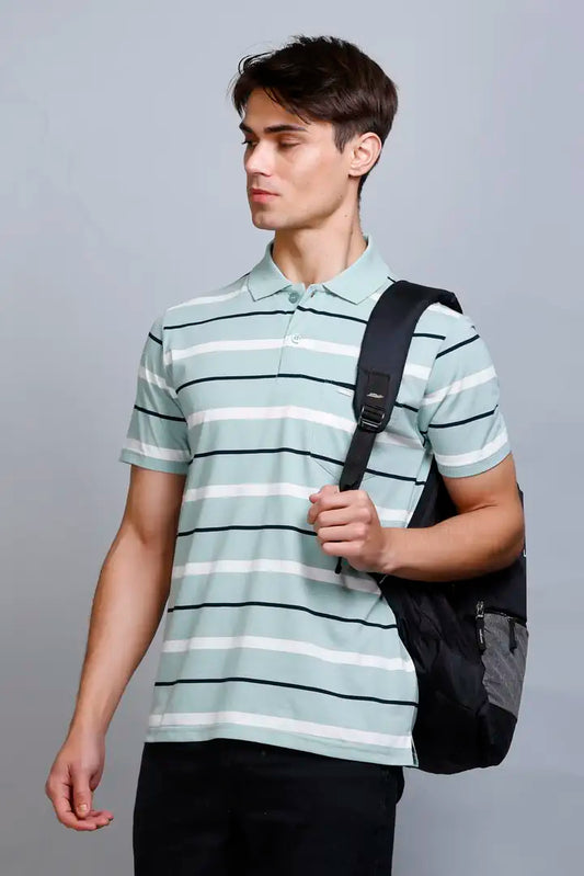Ocean Green Striped Half Sleeve Polo T-Shirt for Men With Pocket