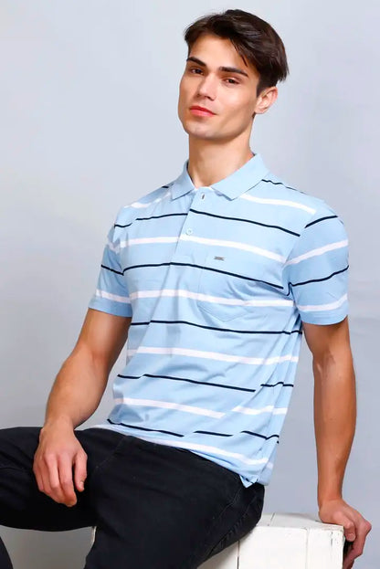 Sky Striped Half Sleeve Polo T-Shirt for Men With Pocket
