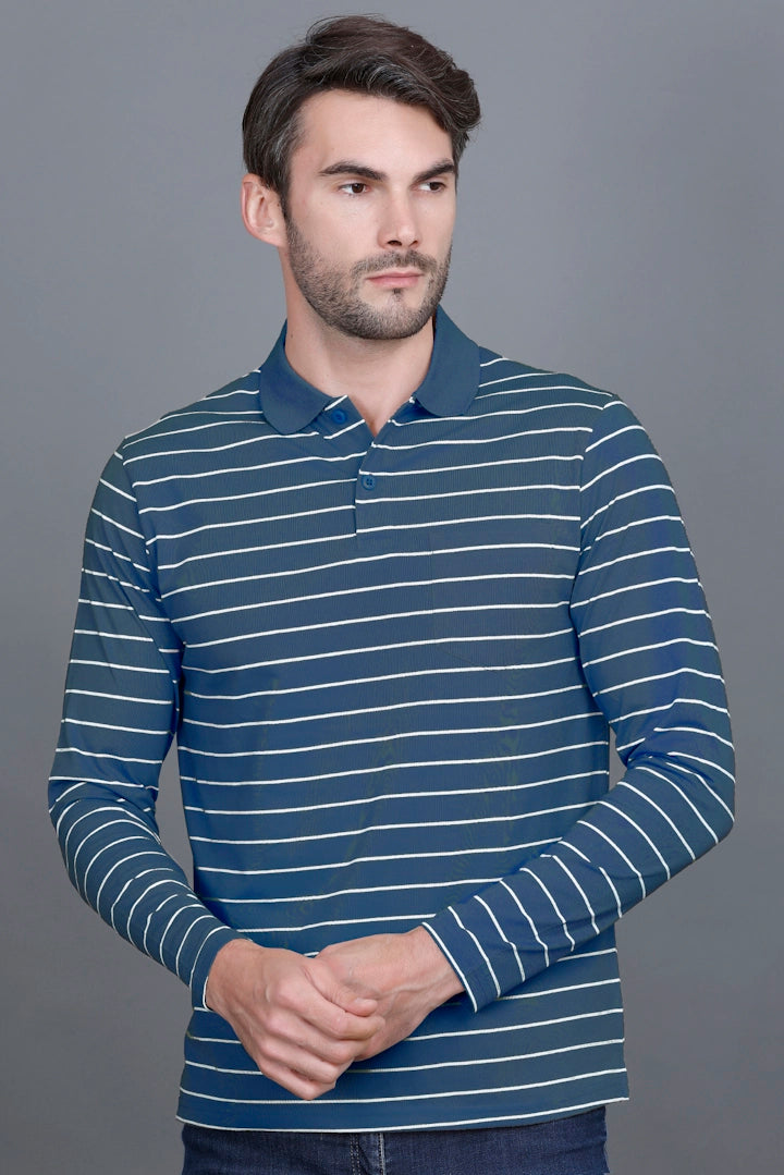 Denim Striped Cotton Men Full Sleeve Polo T Shirts With Pocket