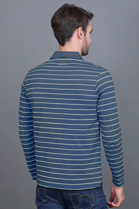 Denim Striped Cotton Men Full Sleeve Polo T Shirts With Pocket