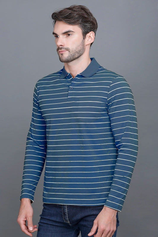 Denim Striped Cotton Men Full Sleeve Polo T Shirts With Pocket