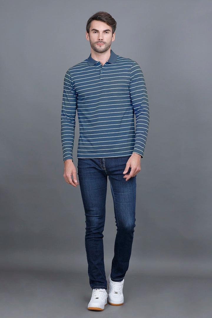 Denim Striped Cotton Men Full Sleeve Polo T Shirts With Pocket