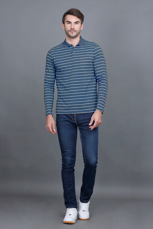 Denim Striped Cotton Men Full Sleeve Polo T Shirts With Pocket