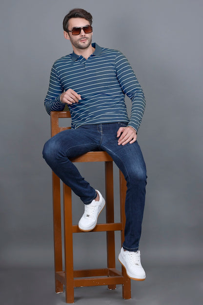 Denim Striped Cotton Men Full Sleeve Polo T Shirts With Pocket
