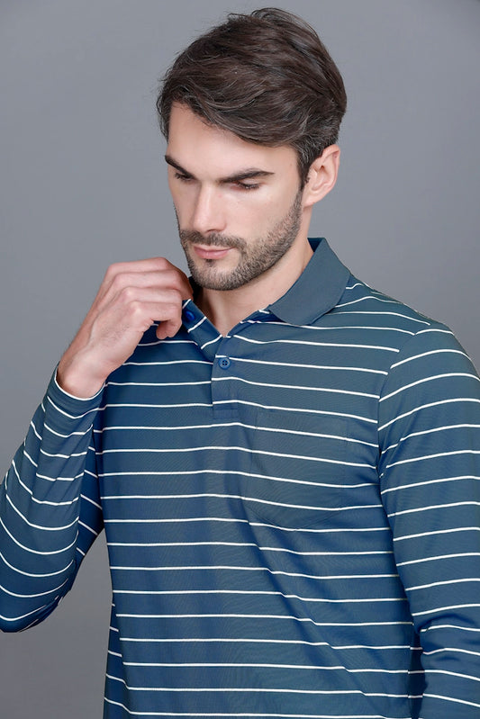 Denim Striped Cotton Men Full Sleeve Polo T Shirts With Pocket