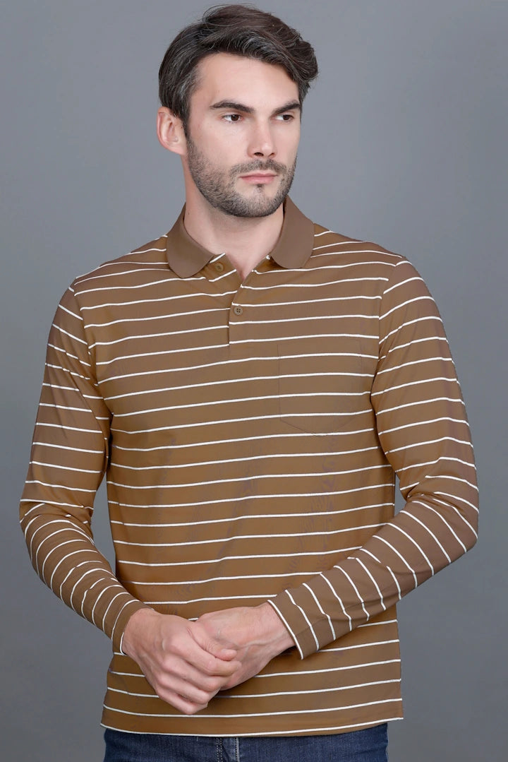 Coco Brown Striped Cotton Full Sleeve Polo tshirt shirt for Men