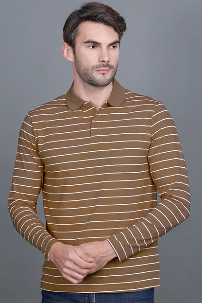 Coco Brown Striped Cotton Full Sleeve Polo tshirt shirt for Men