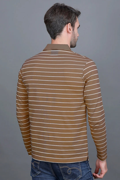 Coco Brown Striped Cotton Full Sleeve Polo tshirt shirt for Men