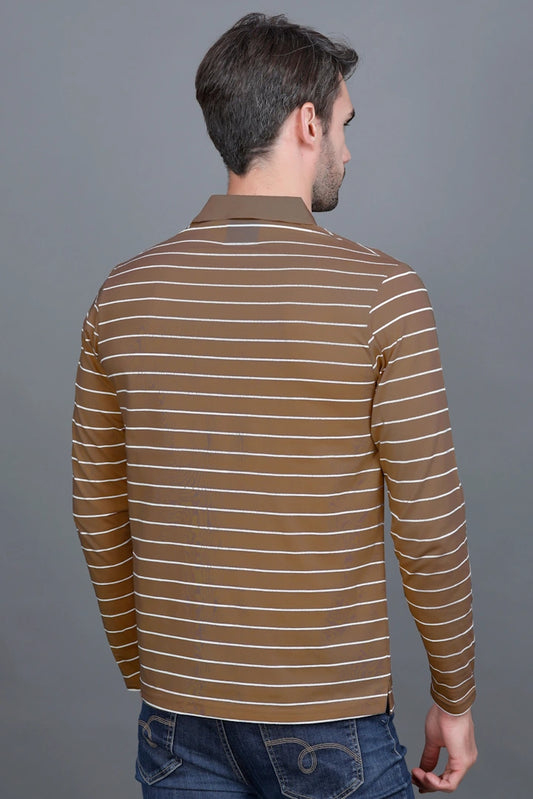 Coco Brown Striped Cotton Full Sleeve Polo tshirt shirt for Men