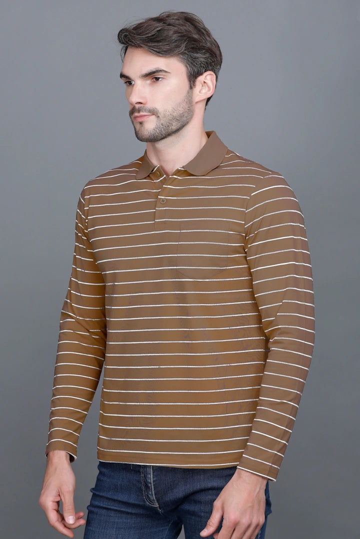 Coco Brown Striped Cotton Full Sleeve Polo tshirt shirt for Men