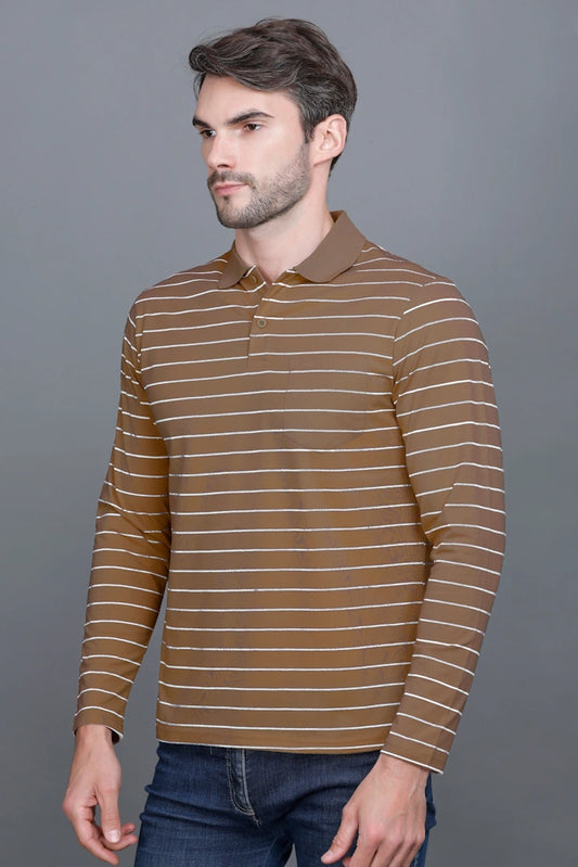 Coco Brown Striped Cotton Full Sleeve Polo tshirt shirt for Men