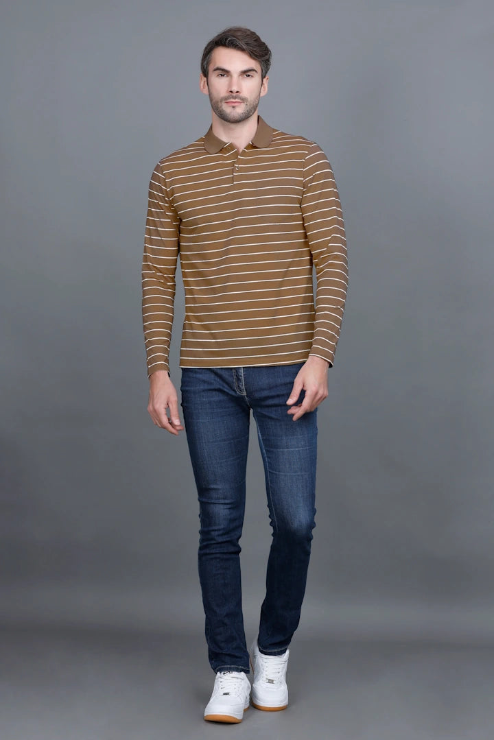 Coco Brown Striped Cotton Full Sleeve Polo tshirt shirt for Men