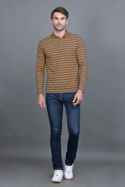 Coco Brown Striped Cotton Full Sleeve Polo tshirt shirt for Men