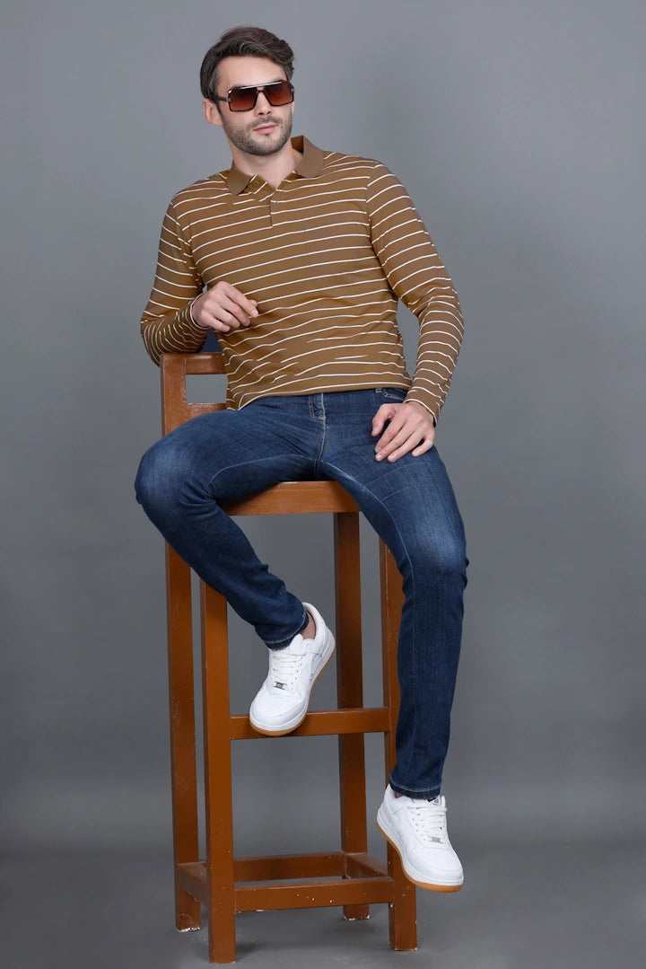 Coco Brown Striped Cotton Full Sleeve Polo tshirt shirt for Men