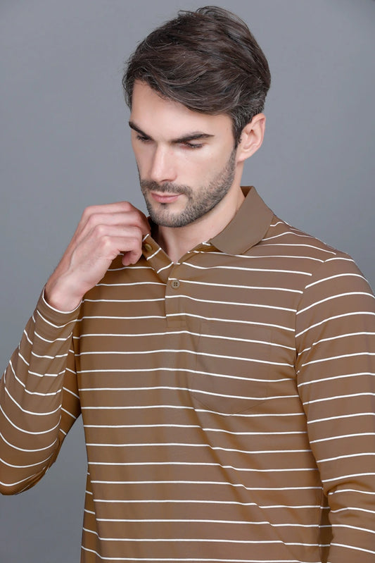Coco Brown Striped Cotton Full Sleeve Polo tshirt shirt for Men