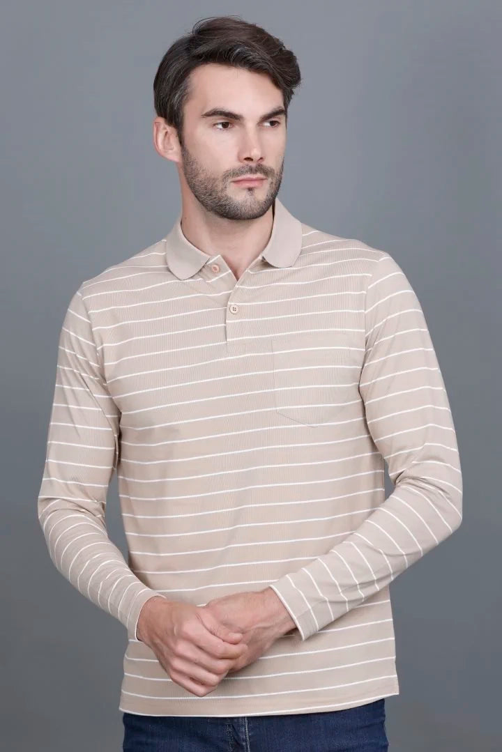 Sand Stone Striped Cotton Full Sleeve Polo tshirt shirt for men