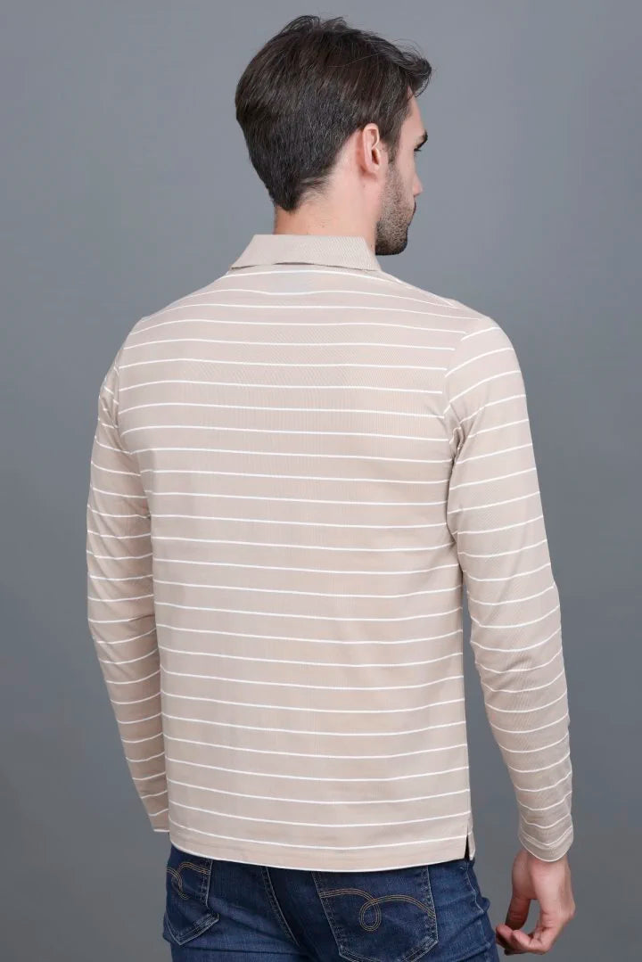 Sand Stone Striped Cotton Full Sleeve Polo tshirt shirt for men