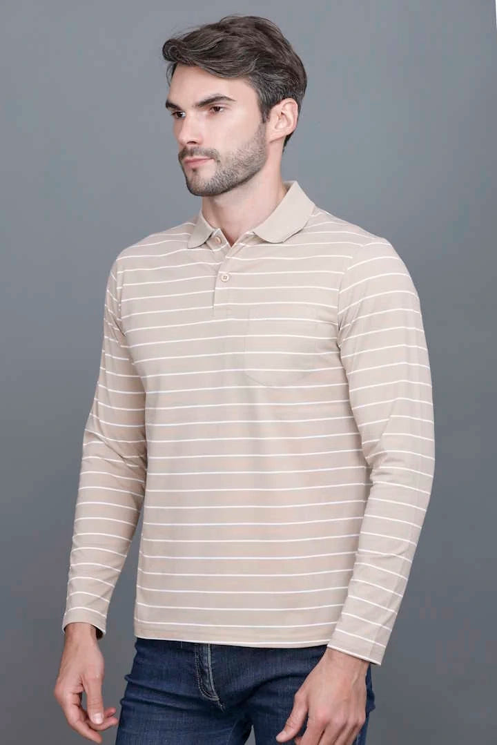 Sand Stone Striped Cotton Full Sleeve Polo tshirt shirt for men