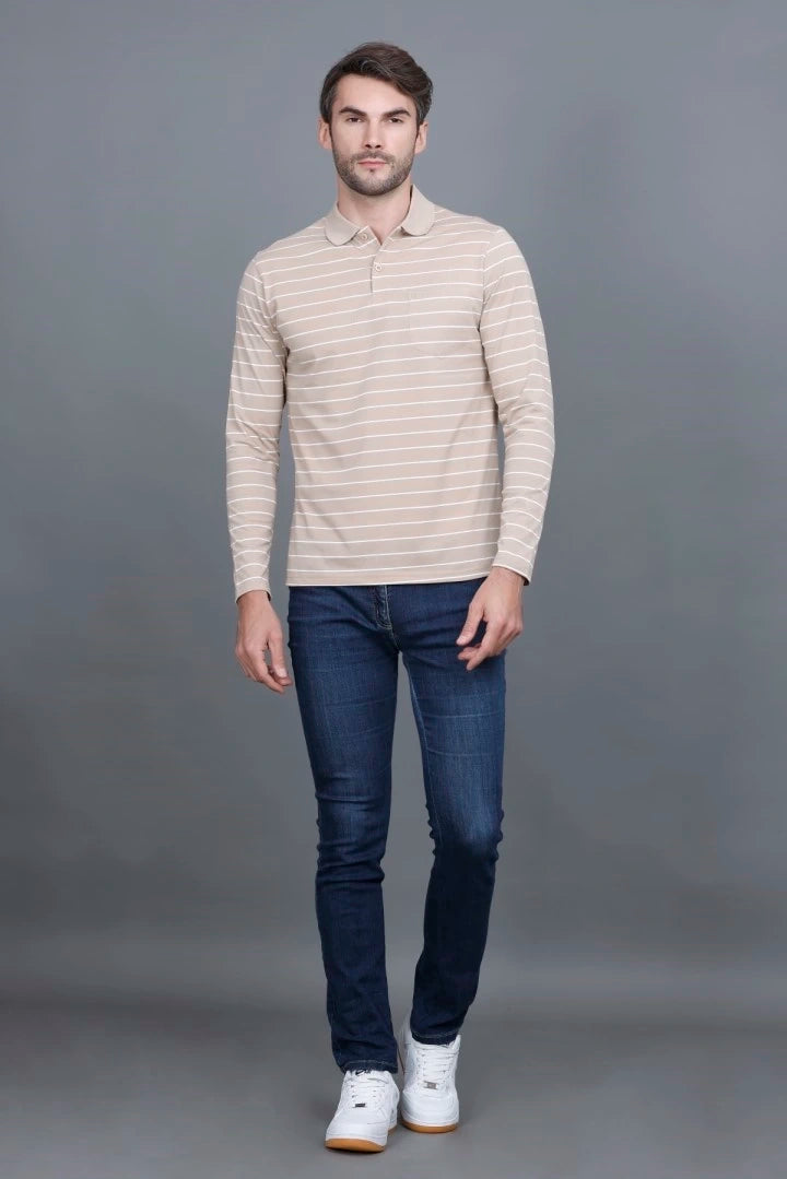 Sand Stone Striped Cotton Full Sleeve Polo tshirt shirt for men