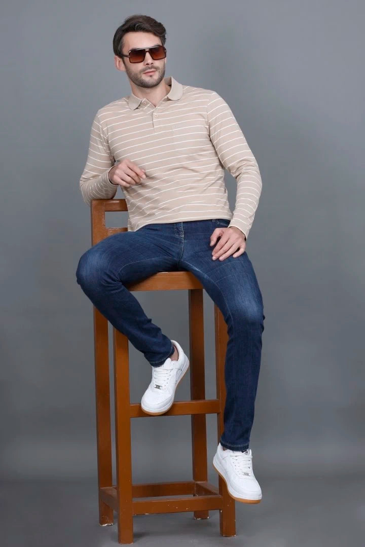 Sand Stone Striped Cotton Full Sleeve Polo tshirt shirt for men