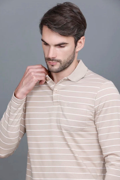 Sand Stone Striped Cotton Full Sleeve Polo tshirt shirt for men