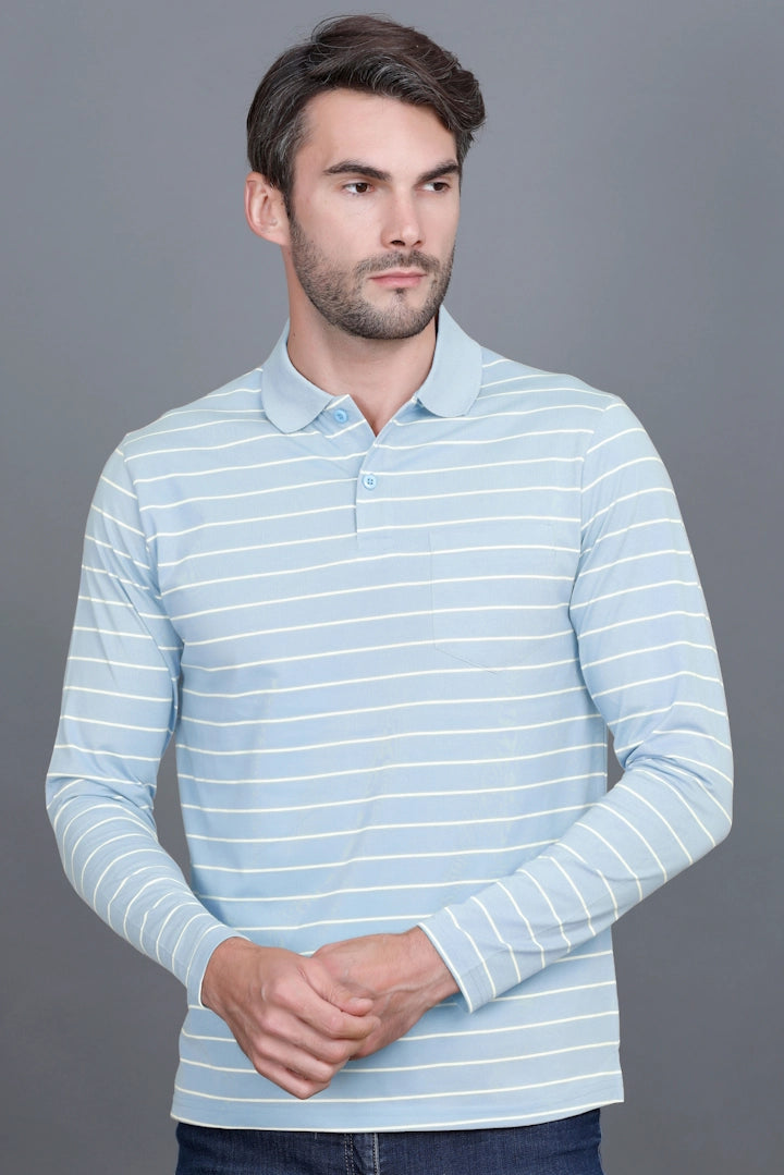 Sky Striped Cotton Men Full Sleeve Polo T Shirts With Pocket