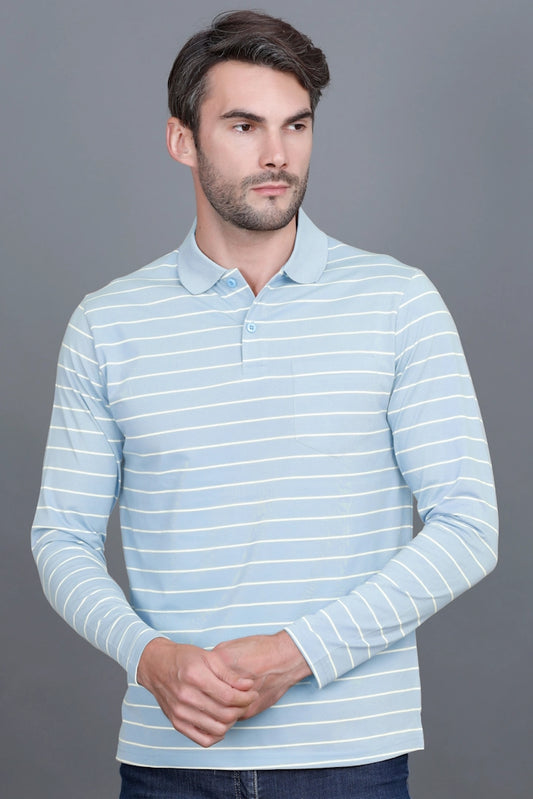 Sky Striped Cotton Men Full Sleeve Polo T Shirts With Pocket