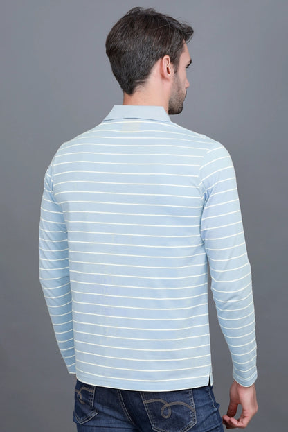 Sky Striped Cotton Men Full Sleeve Polo T Shirts With Pocket