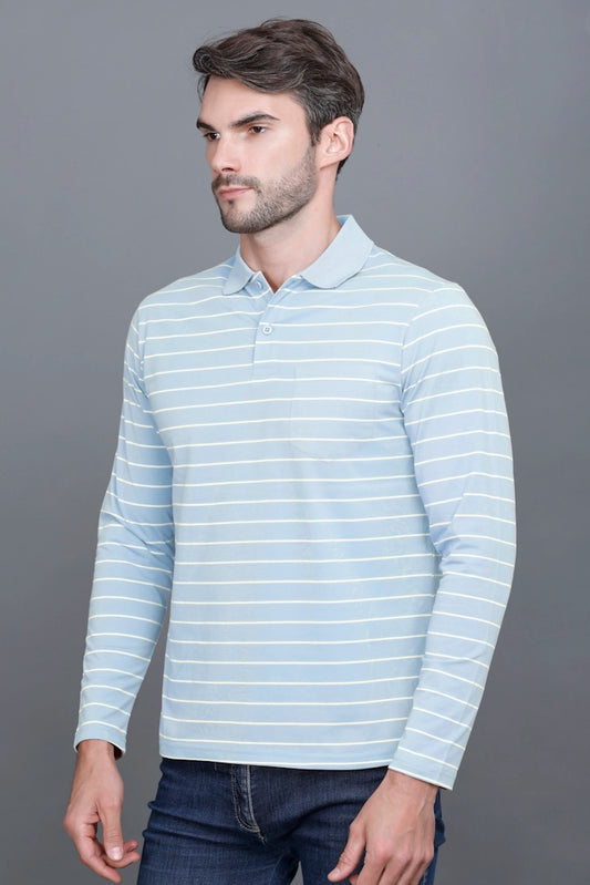 Sky Striped Cotton Men Full Sleeve Polo T Shirts With Pocket
