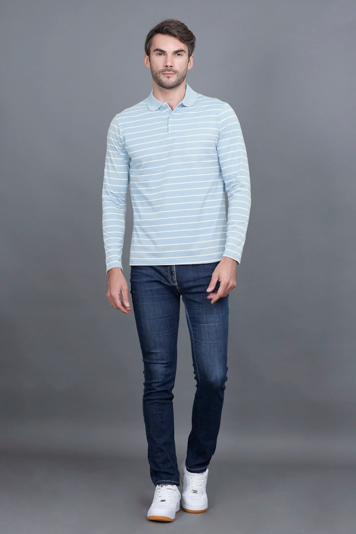 Sky Striped Cotton Men Full Sleeve Polo T Shirts With Pocket