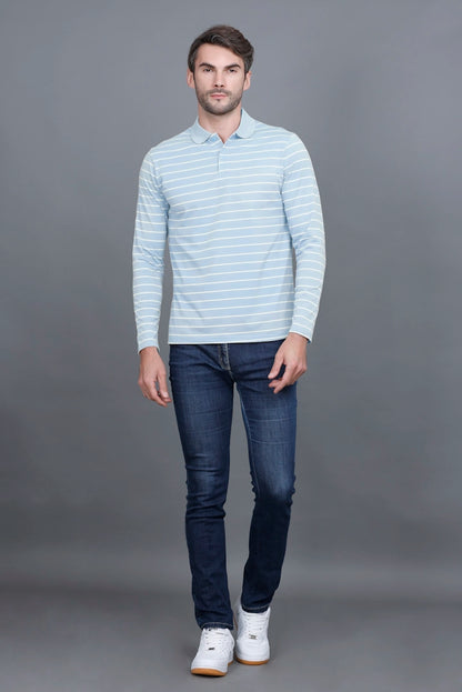 Sky Striped Cotton Men Full Sleeve Polo T Shirts With Pocket