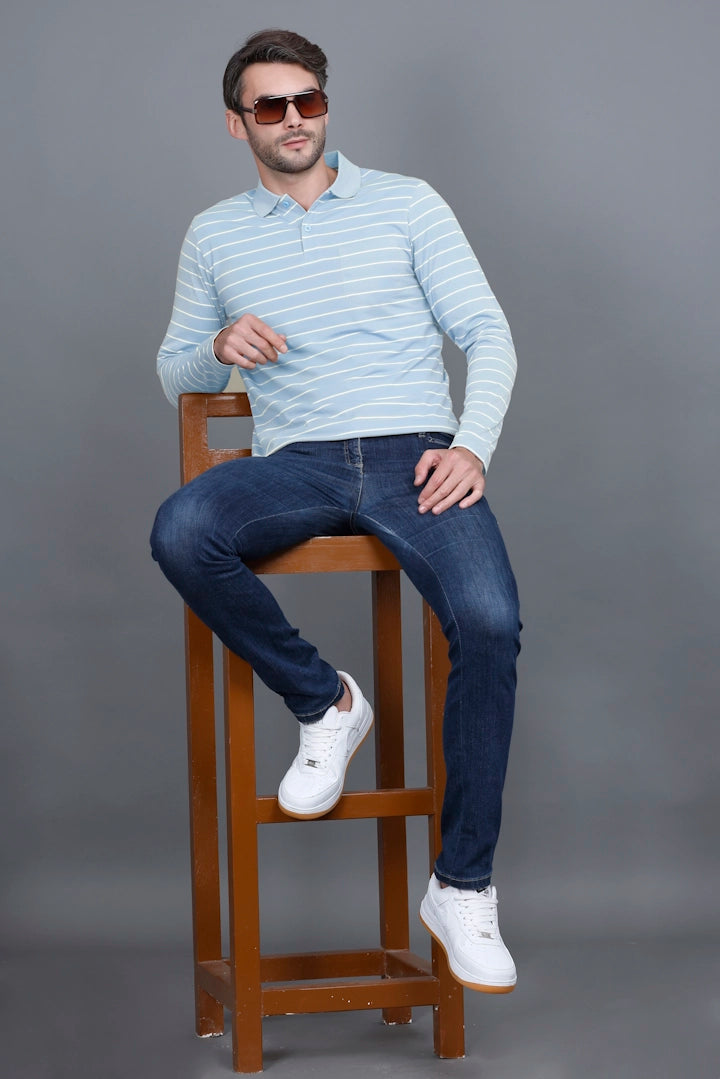 Sky Striped Cotton Men Full Sleeve Polo T Shirts With Pocket