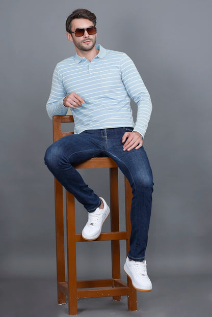 Sky Striped Cotton Men Full Sleeve Polo T Shirts With Pocket