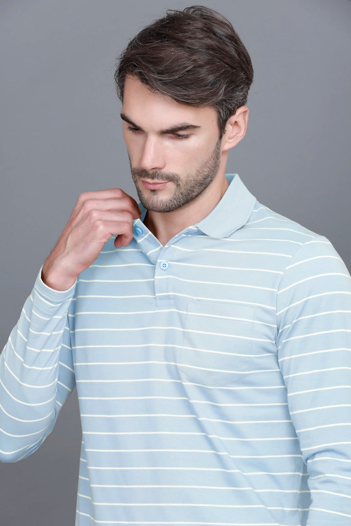 Sky Striped Cotton Men Full Sleeve Polo T Shirts With Pocket