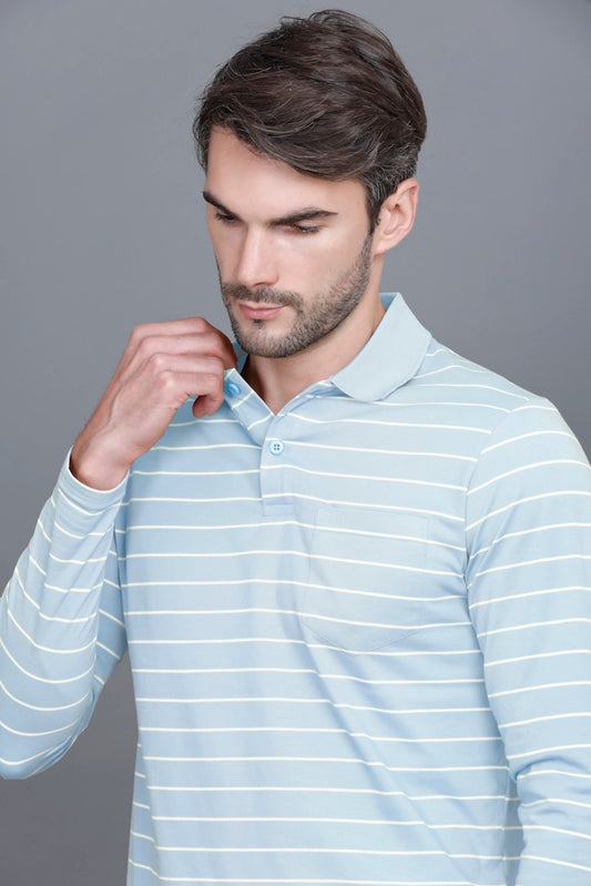 Sky Striped Cotton Men Full Sleeve Polo T Shirts With Pocket