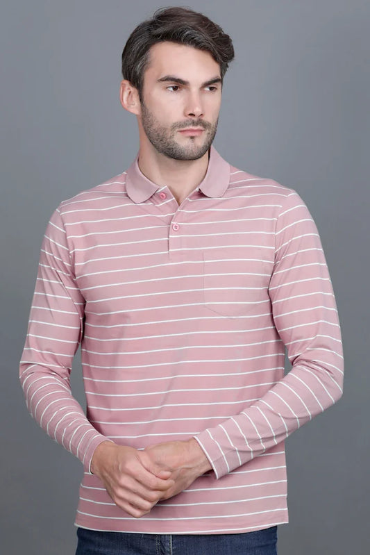 Onion Striped Cotton Full Sleeve Polo tshirt shirt for Men
