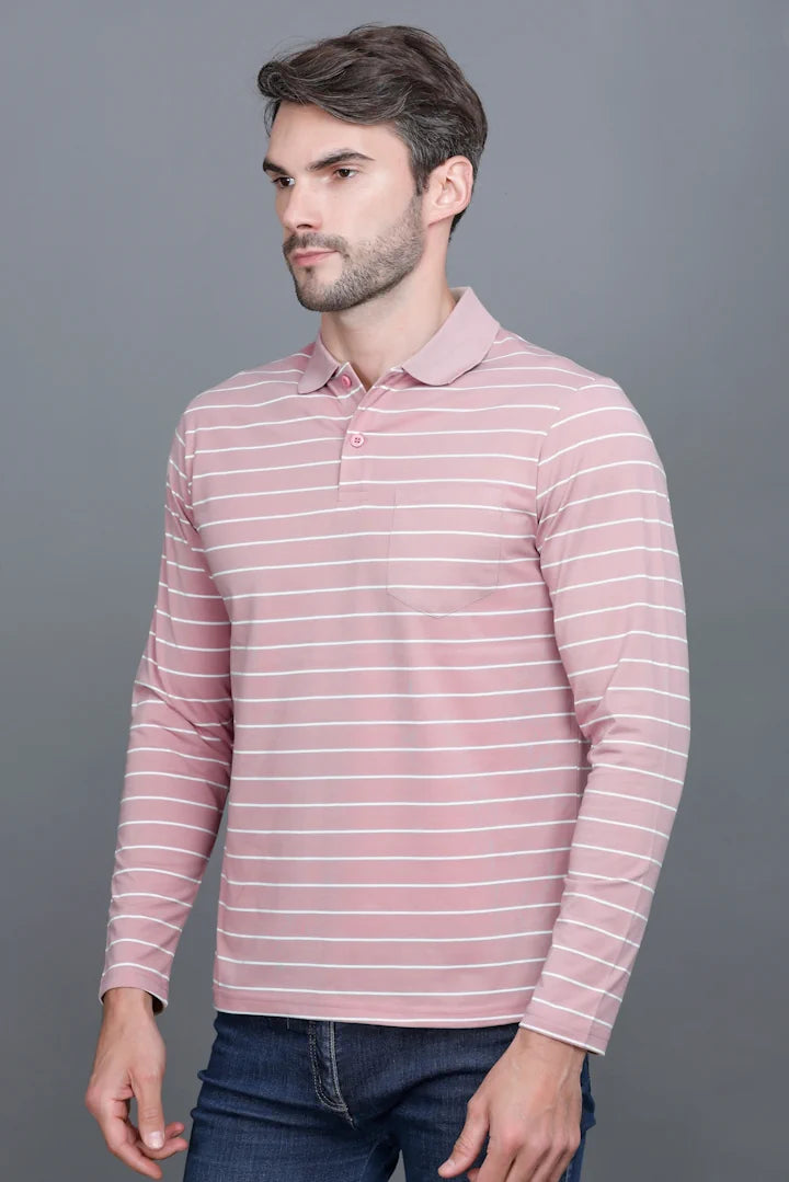 Onion Striped Cotton Full Sleeve Polo tshirt shirt for Men