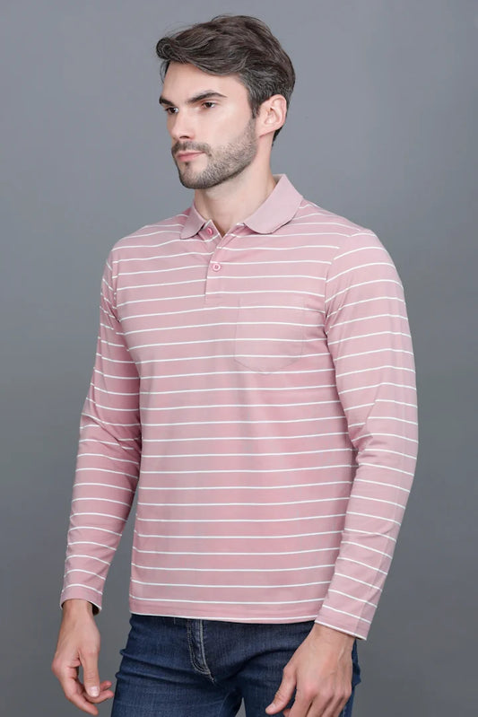 Onion Striped Cotton Full Sleeve Polo tshirt shirt for Men
