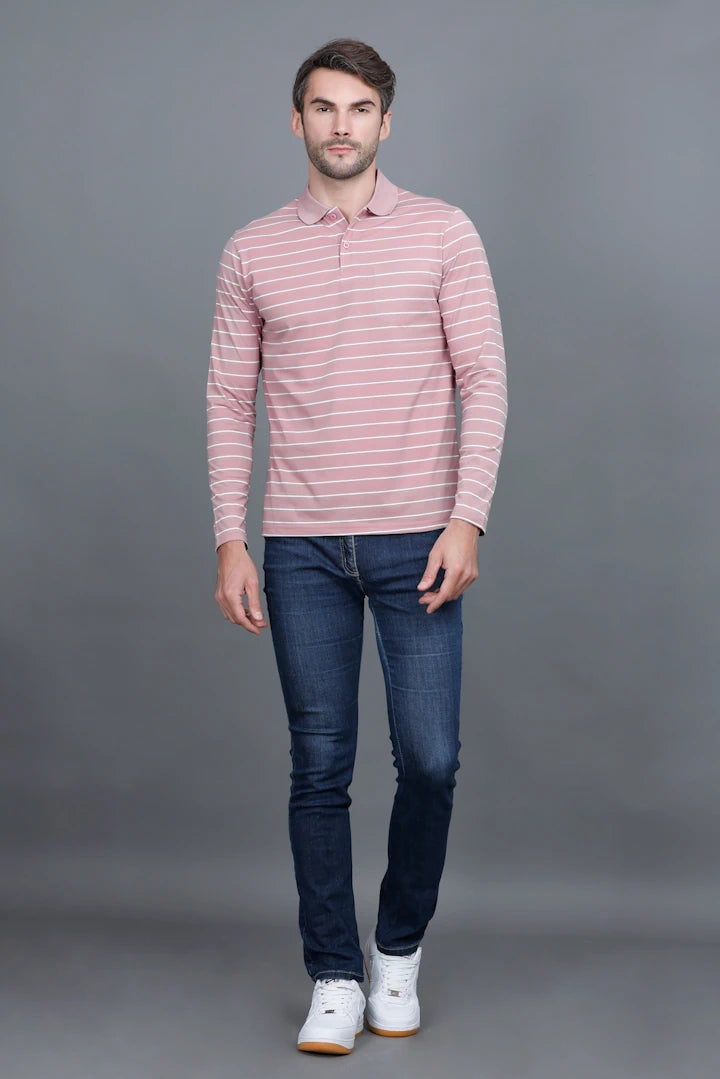 Onion Striped Cotton Full Sleeve Polo tshirt shirt for Men