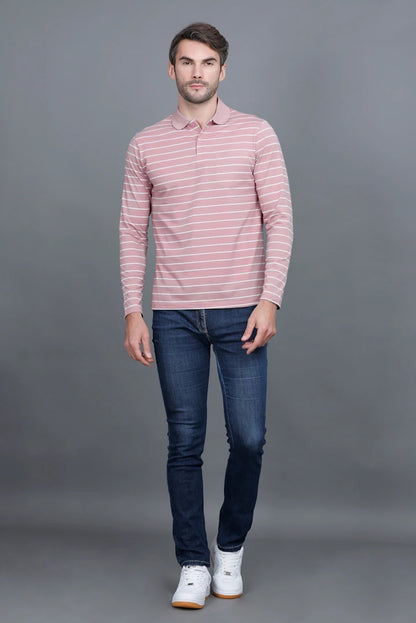 Onion Striped Cotton Full Sleeve Polo tshirt shirt for Men