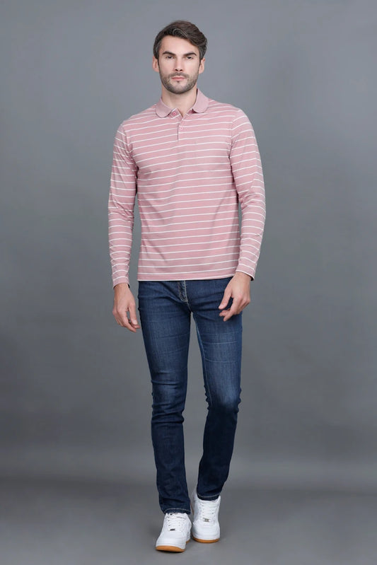 Onion Striped Cotton Full Sleeve Polo tshirt shirt for Men