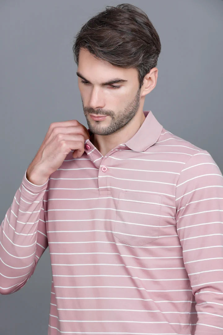 Onion Striped Cotton Full Sleeve Polo tshirt shirt for Men