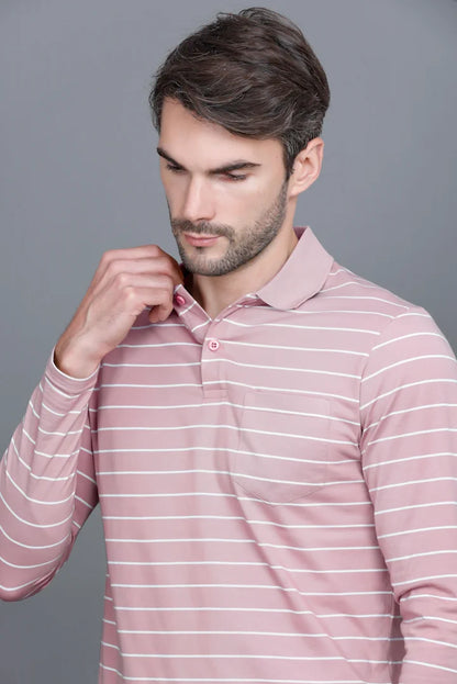 Onion Striped Cotton Full Sleeve Polo tshirt shirt for Men