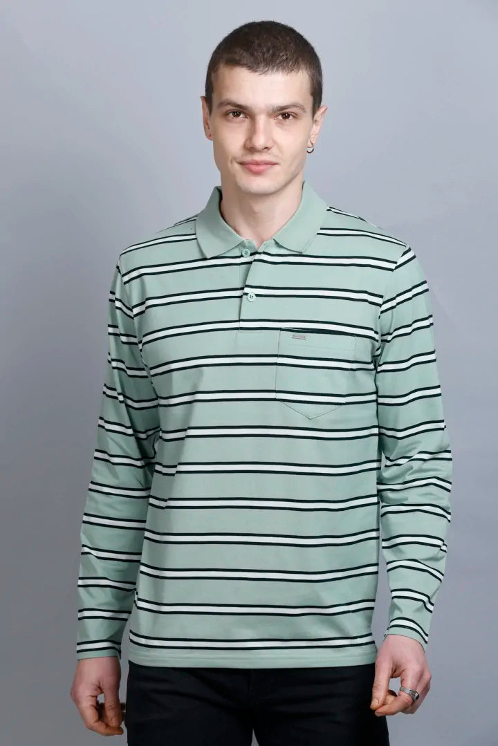 Ocean Green Striped Men Full Sleeve Men Polo T-Shirt With Pocket